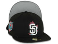 San Diego Padres New Era MLB 59FIFTY 5950 Fitted Cap Hat Black Crown/Visor White/Teal/Pink With Flame/Fire Logo 40th Anniversary Side Patch Gray UV