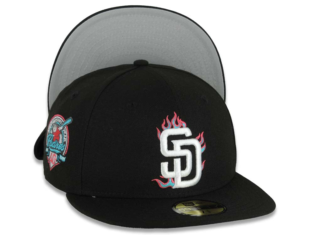 San Diego Padres New Era MLB 59FIFTY 5950 Fitted Cap Hat Black Crown/Visor White/Teal/Pink With Flame/Fire Logo 40th Anniversary Side Patch Gray UV