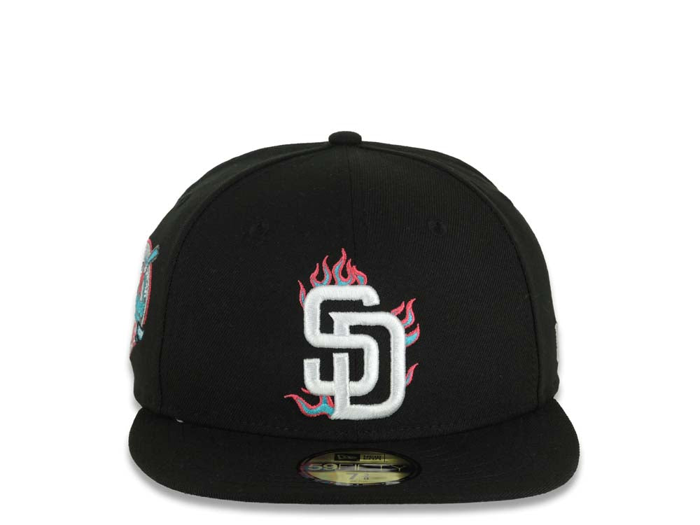 San Diego Padres New Era MLB 59FIFTY 5950 Fitted Cap Hat Black Crown/Visor White/Teal/Pink With Flame/Fire Logo 40th Anniversary Side Patch Gray UV