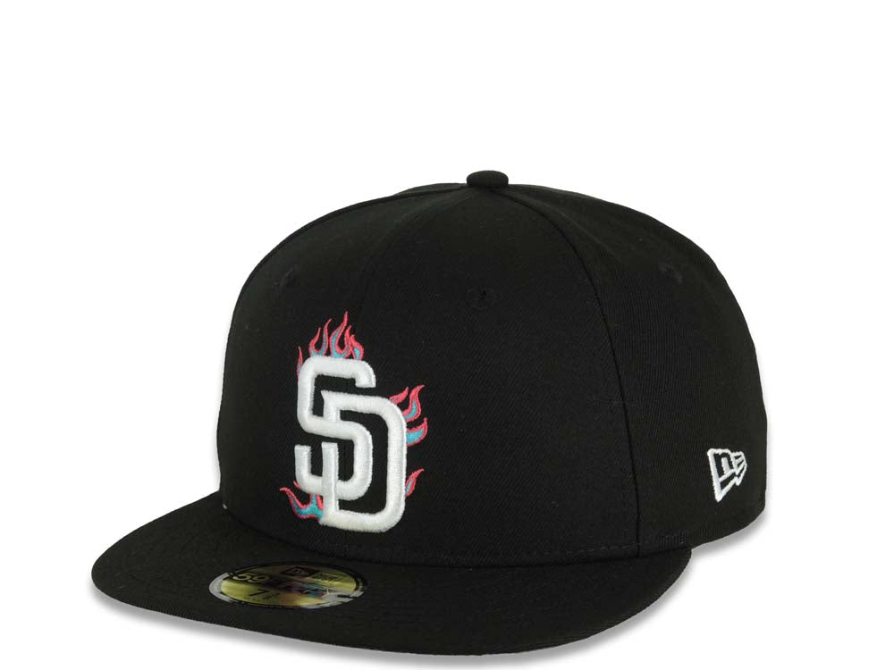 San Diego Padres New Era MLB 59FIFTY 5950 Fitted Cap Hat Black Crown/Visor White/Teal/Pink With Flame/Fire Logo 40th Anniversary Side Patch Gray UV