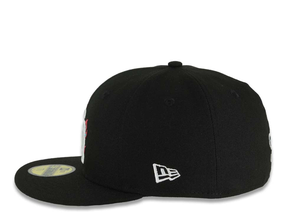 San Diego Padres New Era MLB 59FIFTY 5950 Fitted Cap Hat Black Crown/Visor White/Teal/Pink With Flame/Fire Logo 40th Anniversary Side Patch Gray UV