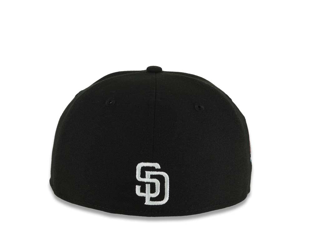 San Diego Padres New Era MLB 59FIFTY 5950 Fitted Cap Hat Black Crown/Visor White/Teal/Pink With Flame/Fire Logo 40th Anniversary Side Patch Gray UV
