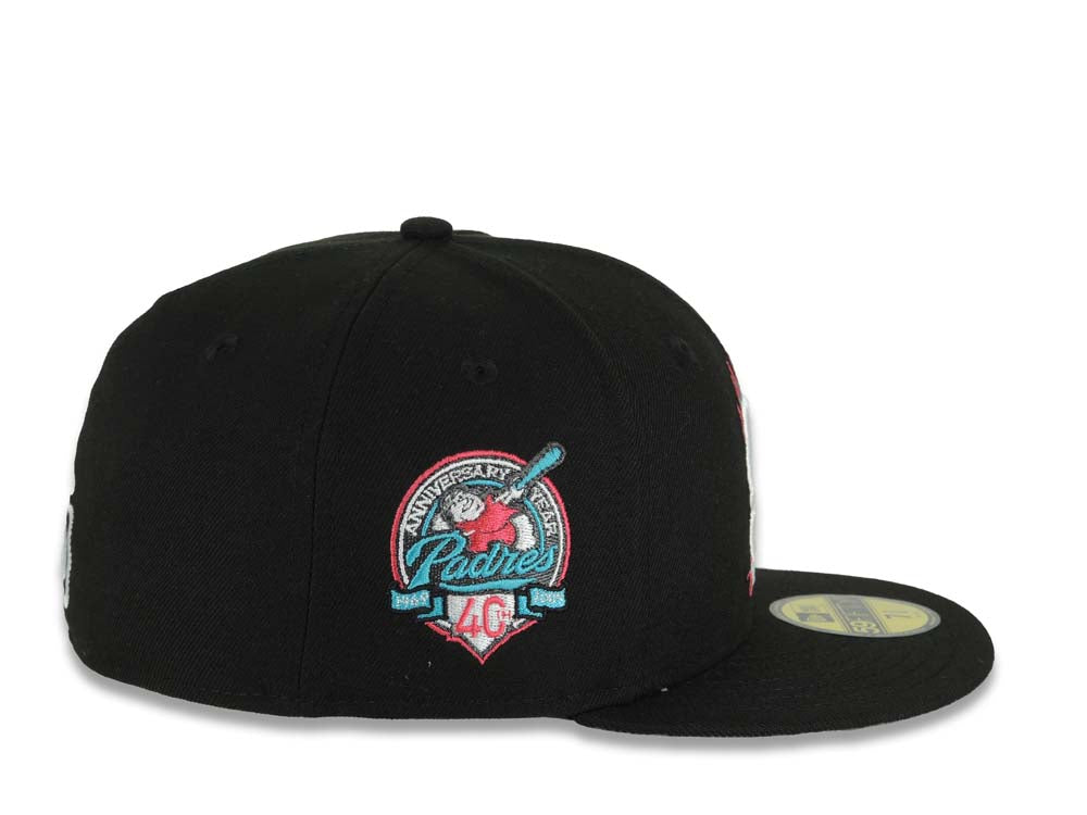 San Diego Padres New Era MLB 59FIFTY 5950 Fitted Cap Hat Black Crown/Visor White/Teal/Pink With Flame/Fire Logo 40th Anniversary Side Patch Gray UV