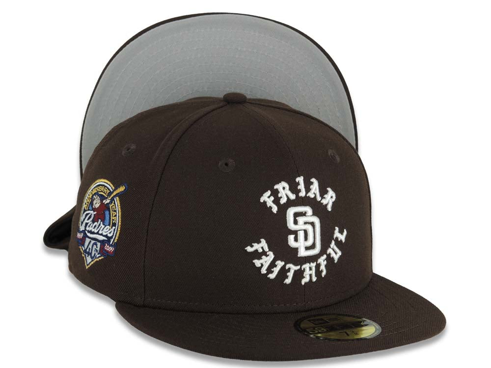 San Diego Padres New Era MLB 59FIFTY 5950 Fitted Cap Hat Dark Brown Crown/Visor White Friar Faithful Text/Script Logo 40th Anniversary Side Patch