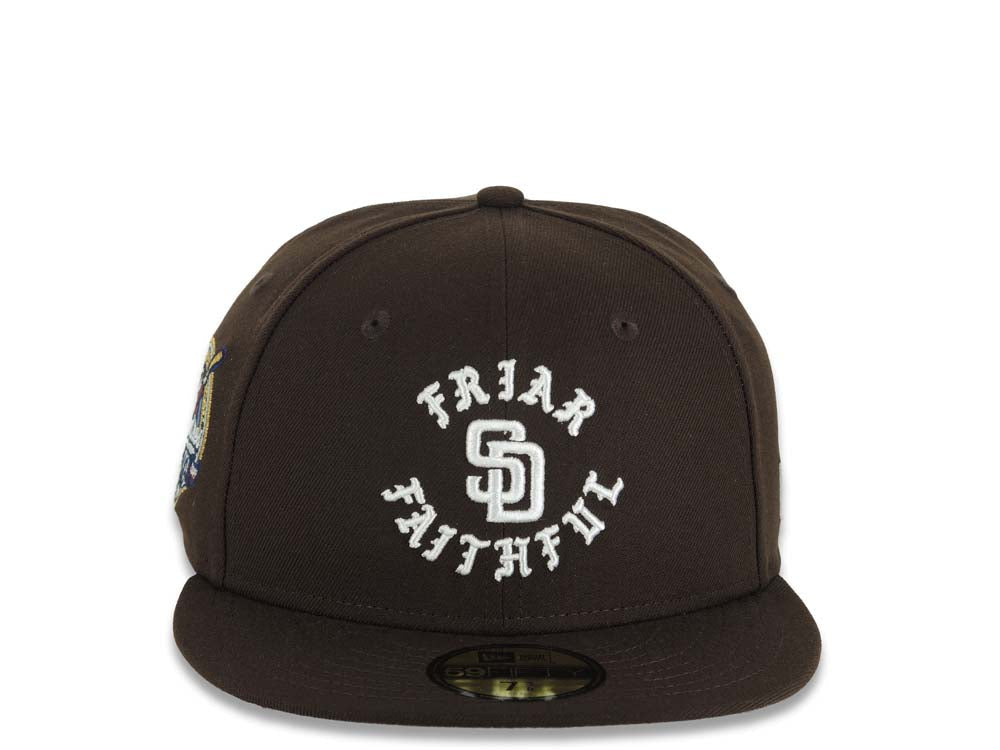 San Diego Padres New Era MLB 59FIFTY 5950 Fitted Cap Hat Dark Brown Crown/Visor White Friar Faithful Text/Script Logo 40th Anniversary Side Patch