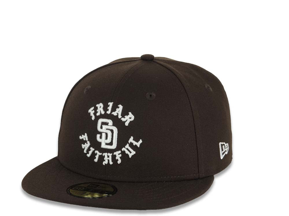 San Diego Padres New Era MLB 59FIFTY 5950 Fitted Cap Hat Dark Brown Crown/Visor White Friar Faithful Text/Script Logo 40th Anniversary Side Patch