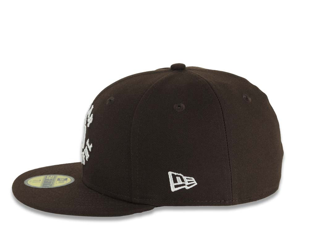 San Diego Padres New Era MLB 59FIFTY 5950 Fitted Cap Hat Dark Brown Crown/Visor White Friar Faithful Text/Script Logo 40th Anniversary Side Patch