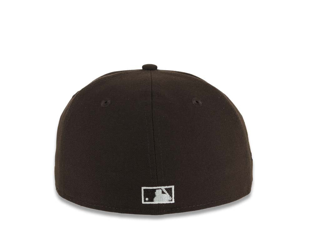 San Diego Padres New Era MLB 59FIFTY 5950 Fitted Cap Hat Dark Brown Crown/Visor White Friar Faithful Text/Script Logo 40th Anniversary Side Patch