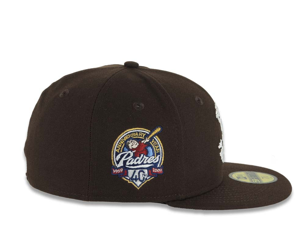 San Diego Padres New Era MLB 59FIFTY 5950 Fitted Cap Hat Dark Brown Crown/Visor White Friar Faithful Text/Script Logo 40th Anniversary Side Patch