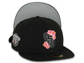 San Diego Padres New Era MLB 59FIFTY 5950 Fitted Cap Hat Black Crown/Visor Black/White/Pink Logo With Floral 1998 World Series Side Patch Gray UV