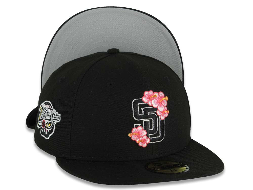 San Diego Padres New Era MLB 59FIFTY 5950 Fitted Cap Hat Black Crown/Visor Black/White/Pink Logo With Floral 1998 World Series Side Patch Gray UV
