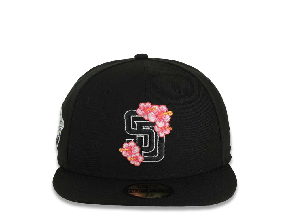San Diego Padres New Era MLB 59FIFTY 5950 Fitted Cap Hat Black Crown/Visor Black/White/Pink Logo With Floral 1998 World Series Side Patch Gray UV