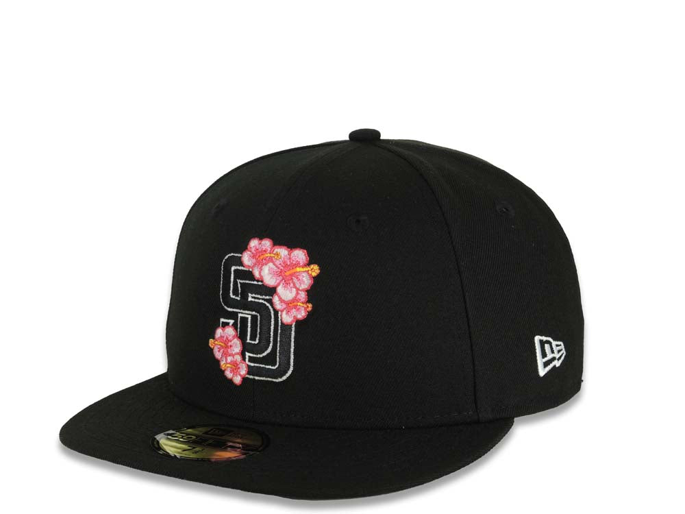 San Diego Padres New Era MLB 59FIFTY 5950 Fitted Cap Hat Black Crown/Visor Black/White/Pink Logo With Floral 1998 World Series Side Patch Gray UV