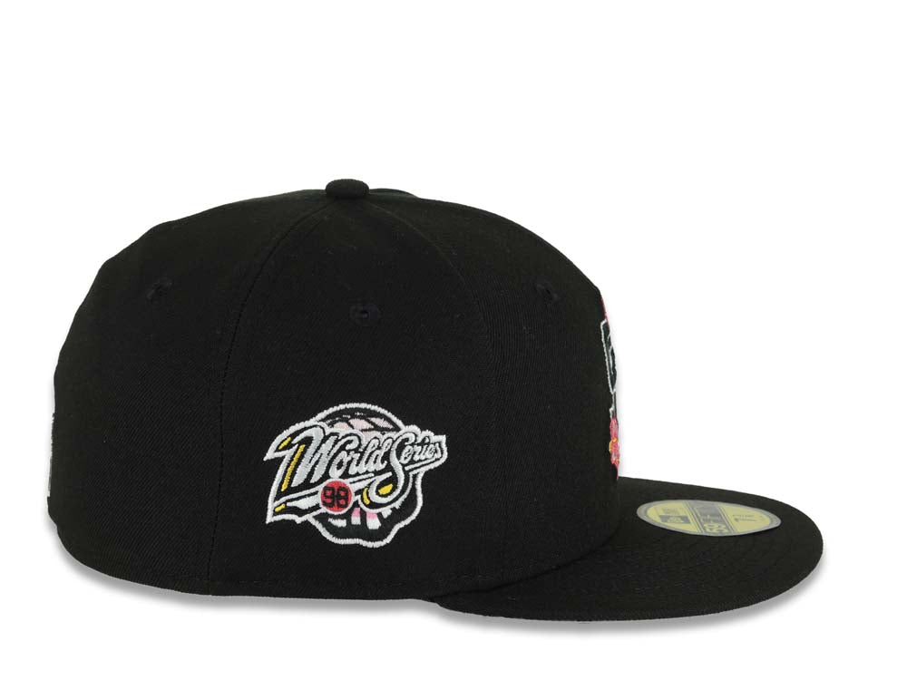 San Diego Padres New Era MLB 59FIFTY 5950 Fitted Cap Hat Black Crown/Visor Black/White/Pink Logo With Floral 1998 World Series Side Patch Gray UV