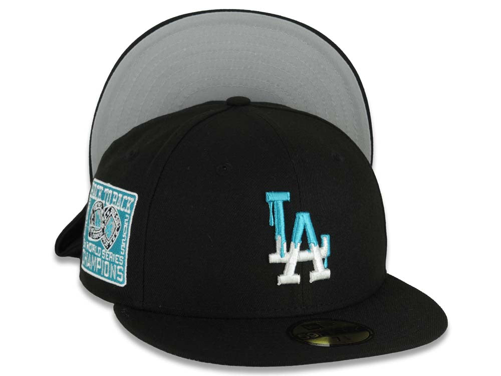 Los Angeles Dodgers New Era MLB 59FIFTY 5950 Fitted Cap Hat Black Crown/Visor White/Teal Drip Logo Back To Back 9x World Series Champions Side Patch