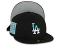 Los Angeles Dodgers New Era MLB 59FIFTY 5950 Fitted Cap Hat Black Crown/Visor White/Teal Drip Logo Back To Back 9x World Series Champions Side Patch