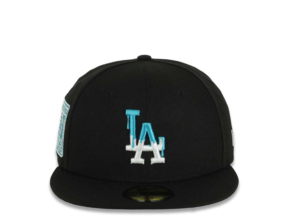 Los Angeles Dodgers New Era MLB 59FIFTY 5950 Fitted Cap Hat Black Crown/Visor White/Teal Drip Logo Back To Back 9x World Series Champions Side Patch