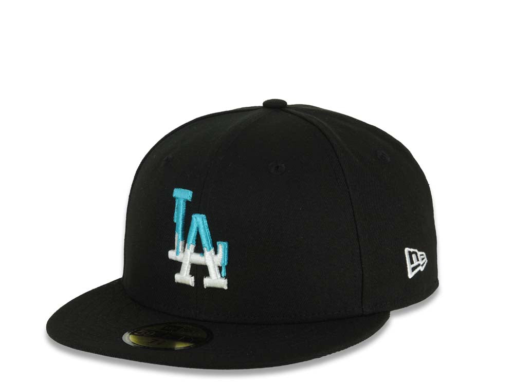 Los Angeles Dodgers New Era MLB 59FIFTY 5950 Fitted Cap Hat Black Crown/Visor White/Teal Drip Logo Back To Back 9x World Series Champions Side Patch