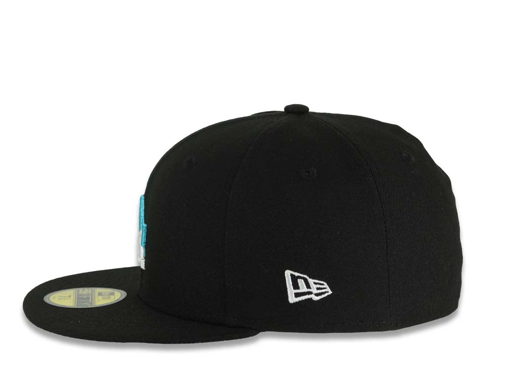 Los Angeles Dodgers New Era MLB 59FIFTY 5950 Fitted Cap Hat Black Crown/Visor White/Teal Drip Logo Back To Back 9x World Series Champions Side Patch