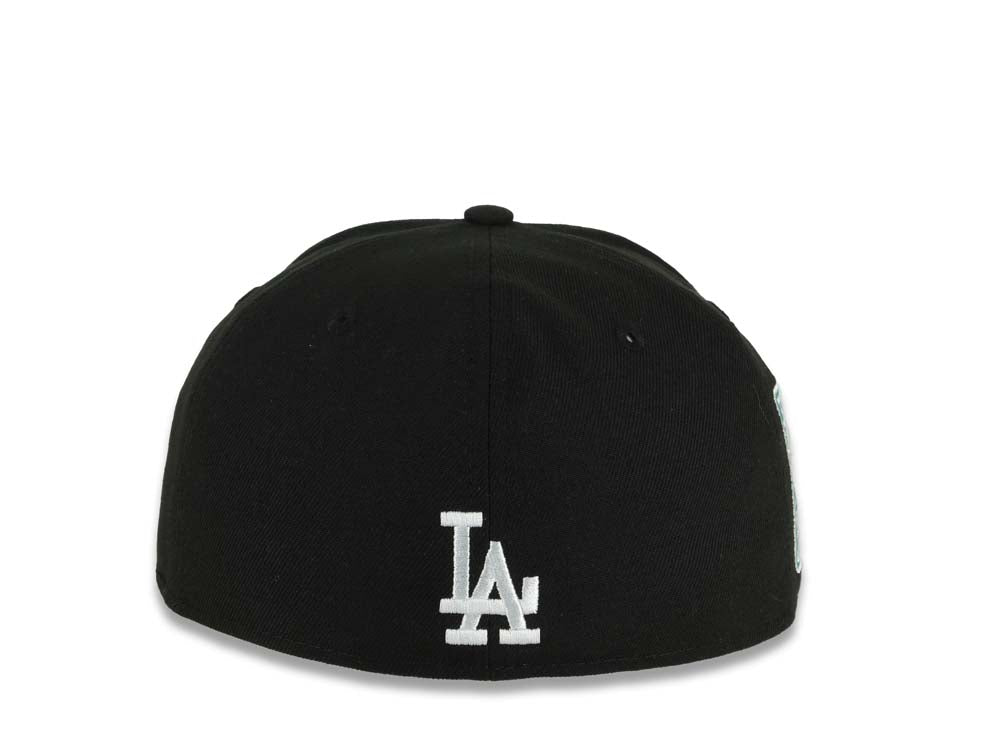 Los Angeles Dodgers New Era MLB 59FIFTY 5950 Fitted Cap Hat Black Crown/Visor White/Teal Drip Logo Back To Back 9x World Series Champions Side Patch
