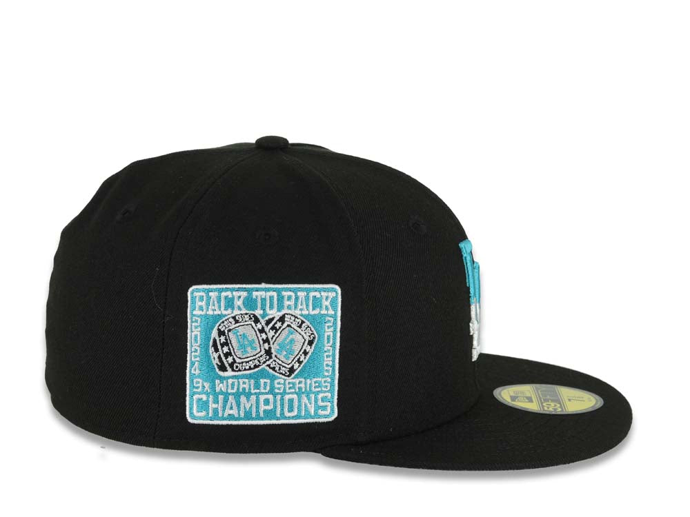 Los Angeles Dodgers New Era MLB 59FIFTY 5950 Fitted Cap Hat Black Crown/Visor White/Teal Drip Logo Back To Back 9x World Series Champions Side Patch