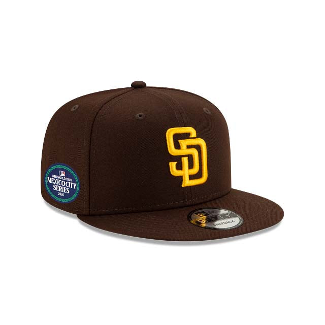 San Diego Padres New Era MLB 9FIFTY 950 Snapback Cap Hat Dark Brown Crown/Visor Yellow Logo 2026 MLB World Tour Mexico City Series Side Patch
