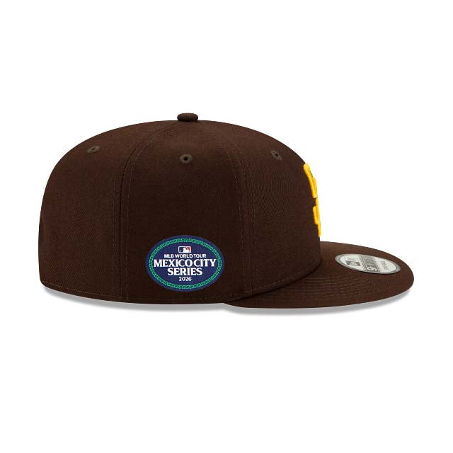 San Diego Padres New Era MLB 9FIFTY 950 Snapback Cap Hat Dark Brown Crown/Visor Yellow Logo 2026 MLB World Tour Mexico City Series Side Patch