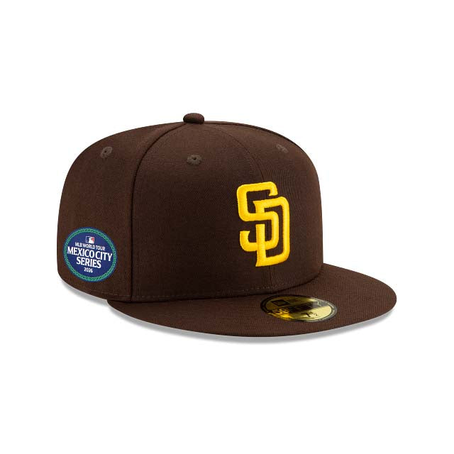 San Diego Padres New Era MLB 59FIFTY 5950 Fitted Cap Hat Dark Brown Crown/Visor Yellow Logo 2026 MLB World Tour Mexico City Series Side Patch
