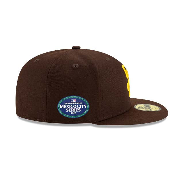 San Diego Padres New Era MLB 59FIFTY 5950 Fitted Cap Hat Dark Brown Crown/Visor Yellow Logo 2026 MLB World Tour Mexico City Series Side Patch
