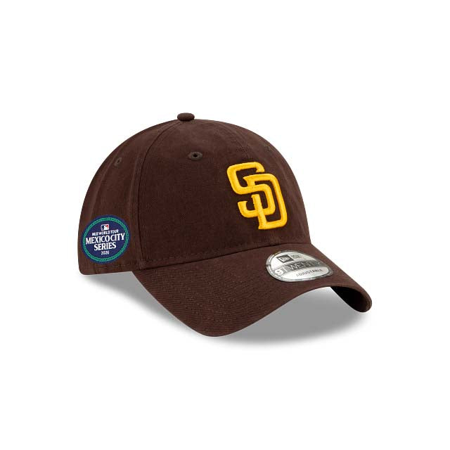 San Diego Padres New Era MLB 9TWENTY 920 Adjustable Cap Hat Dark Brown Crown/Visor Yellow Logo 2026 MLB World Tour Mexico City Series Side Patch