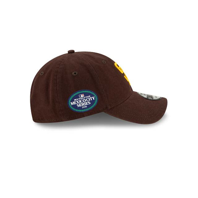 San Diego Padres New Era MLB 9TWENTY 920 Adjustable Cap Hat Dark Brown Crown/Visor Yellow Logo 2026 MLB World Tour Mexico City Series Side Patch