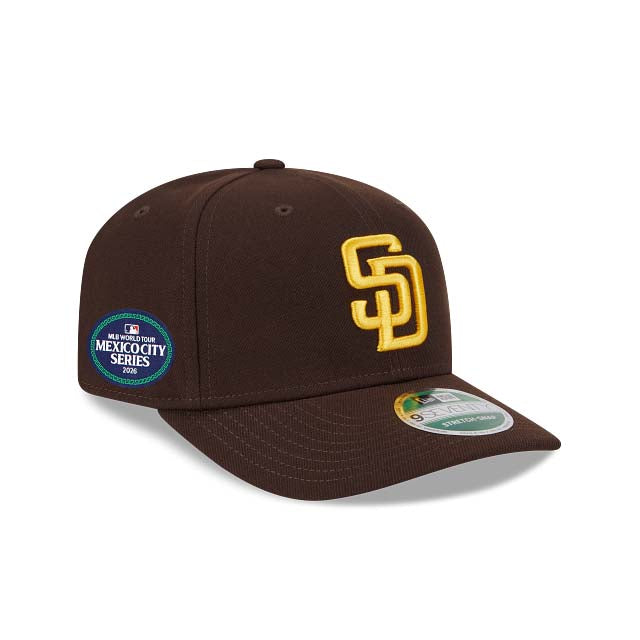 San Diego Padres New Era MLB 9SEVENTY 970 Stretch-Snap Cap Hat Dark Brown Crown/Visor Yellow Logo 2026 MLB World Tour Mexico City Series Side Patch