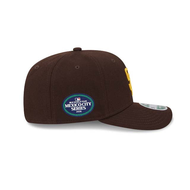 San Diego Padres New Era MLB 9SEVENTY 970 Stretch-Snap Cap Hat Dark Brown Crown/Visor Yellow Logo 2026 MLB World Tour Mexico City Series Side Patch