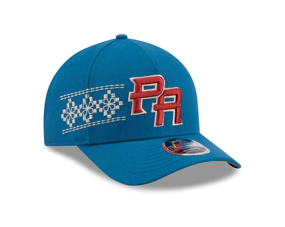 Puerto Rico New Era 9FORTY 940 Adjustable M-Crown Cap Hat Light Royal Blue Crown/Visor Red/White Logo Gray UV (Latin Embroidery)