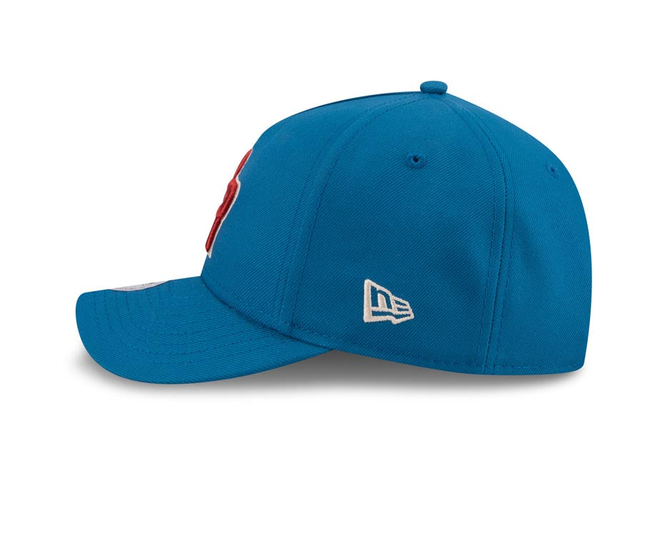 Puerto Rico New Era 9FORTY 940 Adjustable M-Crown Cap Hat Light Royal Blue Crown/Visor Red/White Logo Gray UV (Latin Embroidery)