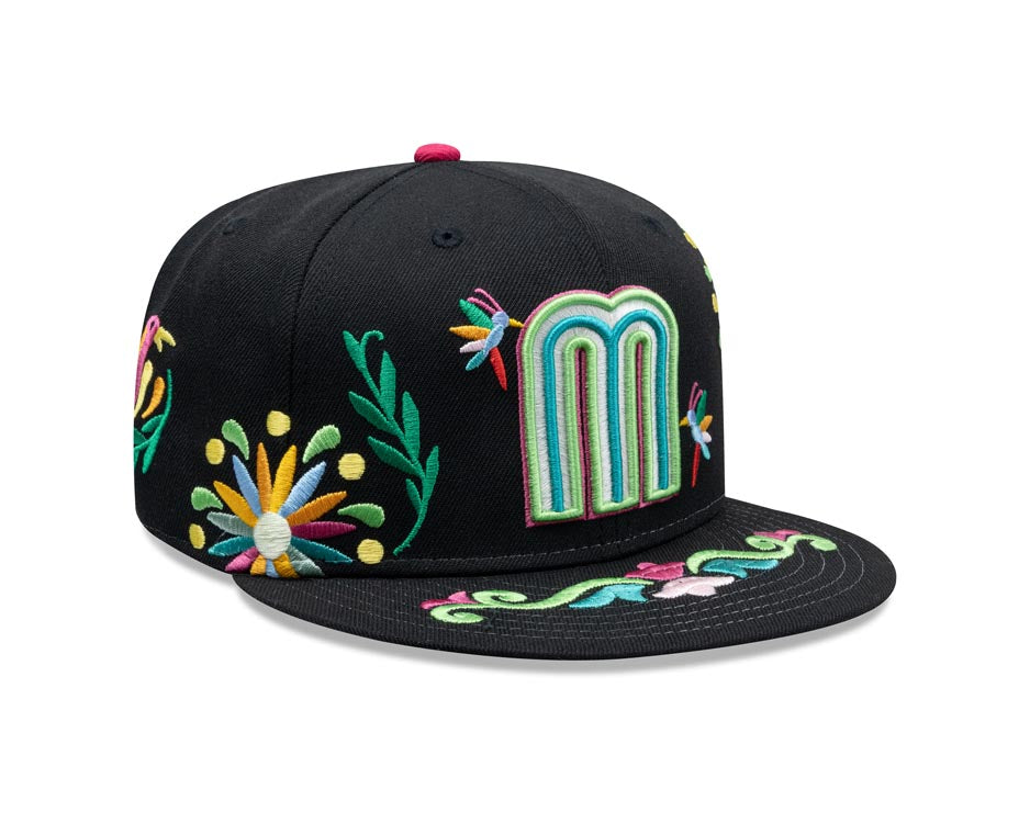 Mexico New Era 59FIFTY 5950 Fitted Cap Hat Black Crown/Visor White/Blue/Green Logo Gray UV (Latin Embroidery)