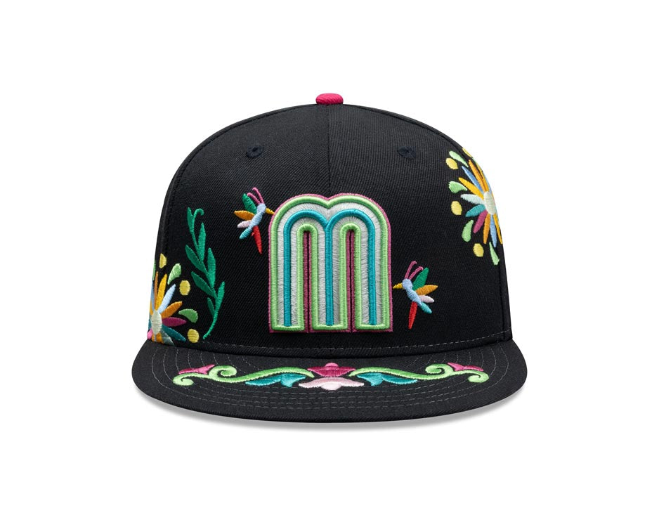 Mexico New Era 59FIFTY 5950 Fitted Cap Hat Black Crown/Visor White/Blue/Green Logo Gray UV (Latin Embroidery)