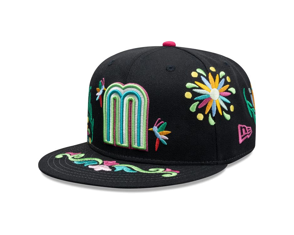 Mexico New Era 59FIFTY 5950 Fitted Cap Hat Black Crown/Visor White/Blue/Green Logo Gray UV (Latin Embroidery)