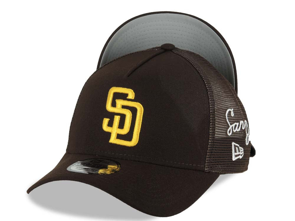 San Diego Padres New Era MLB 9FORTY 940 Adjustable A-Frame Mesh Trucker Cap Hat Brown Crown/Visor Yellow Logo San Diego Script Side Patch Gray UV