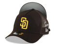 San Diego Padres New Era MLB 9FORTY 940 Adjustable A-Frame Mesh Trucker Cap Hat Brown Crown/Visor Yellow Logo San Diego Script Side Patch Gray UV