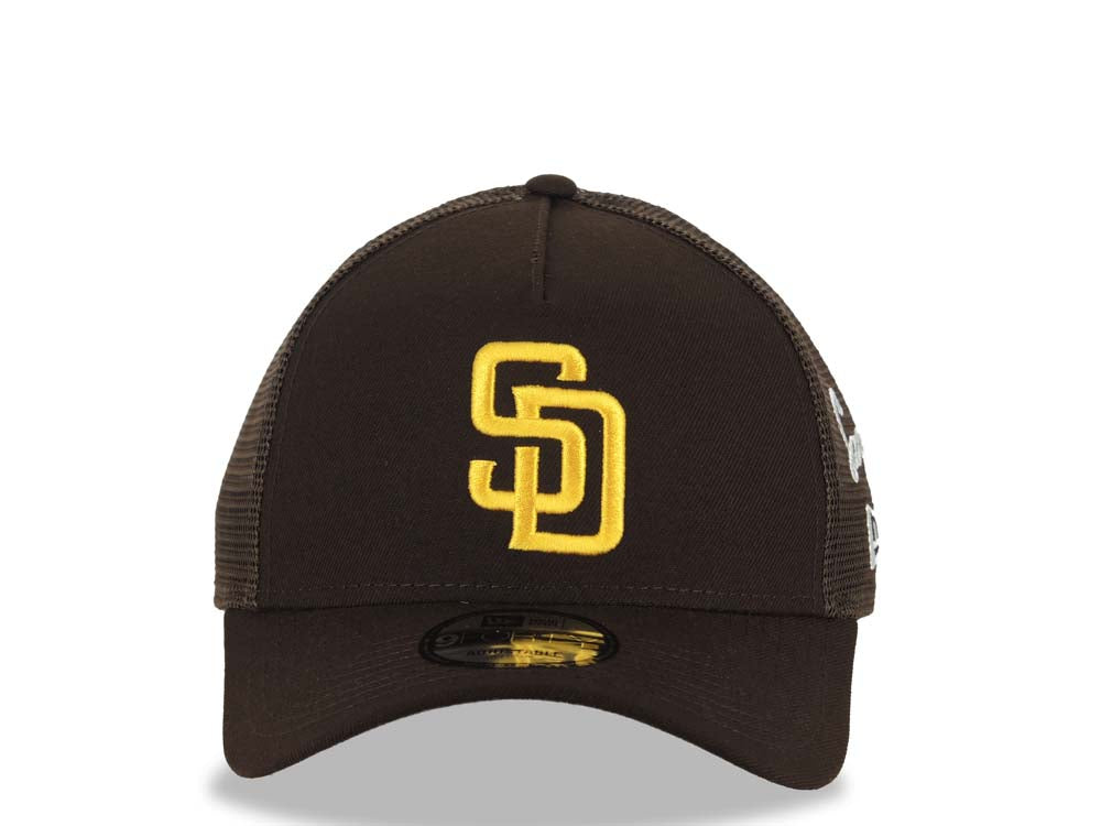 San Diego Padres New Era MLB 9FORTY 940 Adjustable A-Frame Mesh Trucker Cap Hat Brown Crown/Visor Yellow Logo San Diego Script Side Patch Gray UV