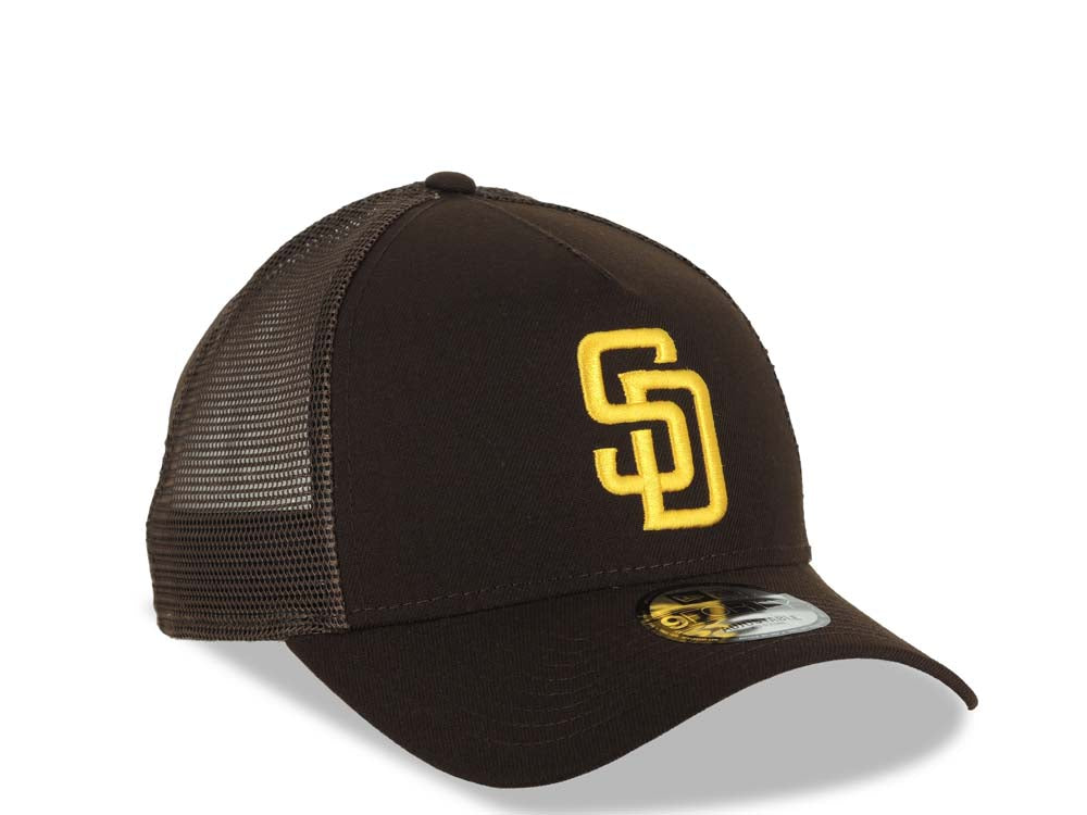 San Diego Padres New Era MLB 9FORTY 940 Adjustable A-Frame Mesh Trucker Cap Hat Brown Crown/Visor Yellow Logo San Diego Script Side Patch Gray UV