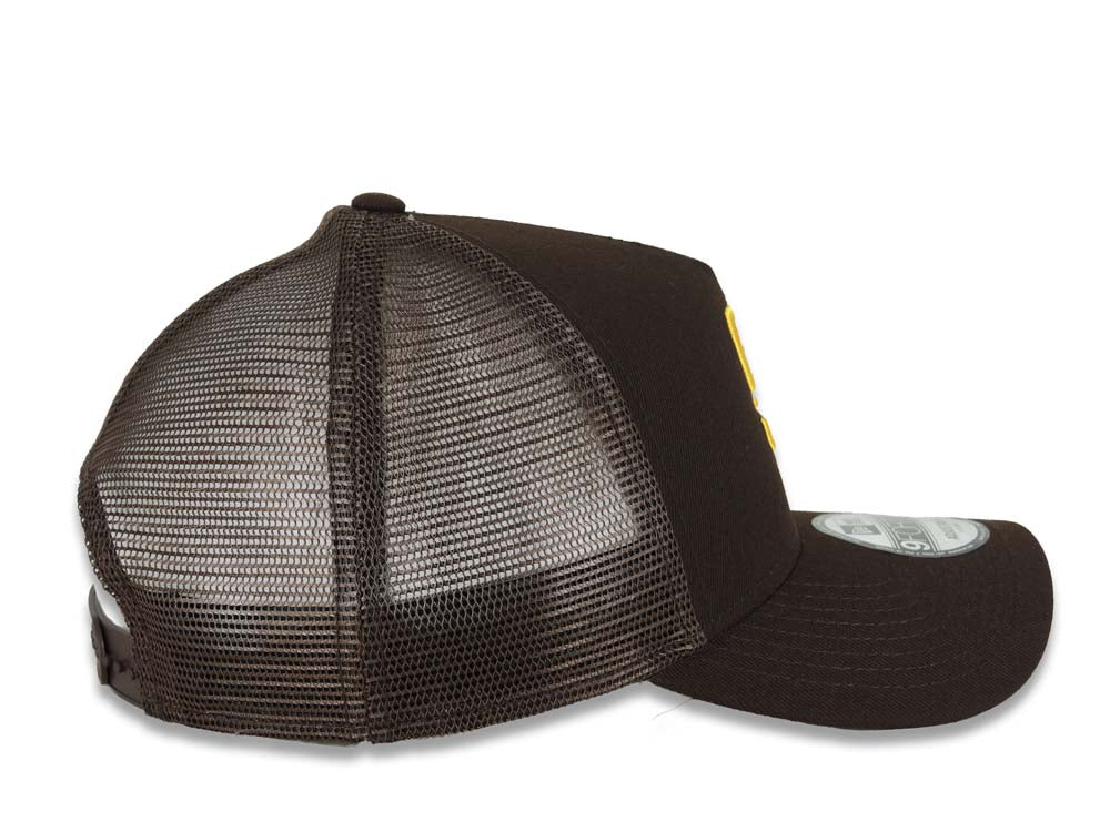 San Diego Padres New Era MLB 9FORTY 940 Adjustable A-Frame Mesh Trucker Cap Hat Brown Crown/Visor Yellow Logo San Diego Script Side Patch Gray UV