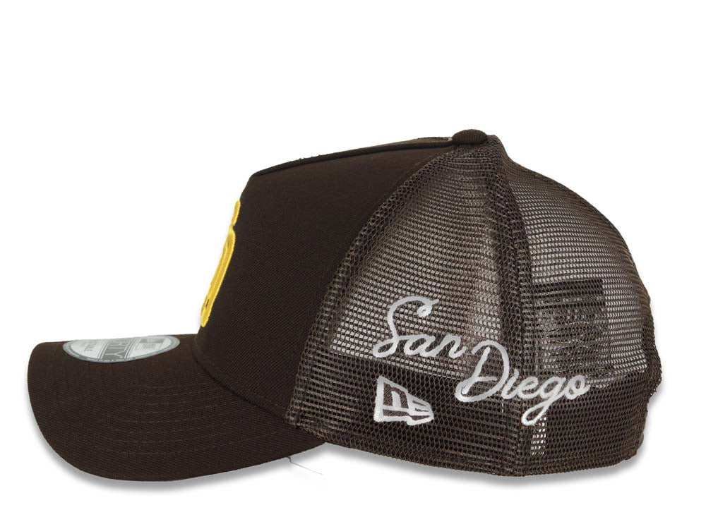 San Diego Padres New Era MLB 9FORTY 940 Adjustable A-Frame Mesh Trucker Cap Hat Brown Crown/Visor Yellow Logo San Diego Script Side Patch Gray UV