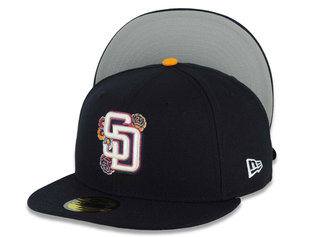 San Diego Padres New Era MLB 59FIFTY 5950 Fitted Cap Hat Navy Crown/Visor Chrome White City Connect 2026 Front Logo Wordmark Back Logo Gray UV