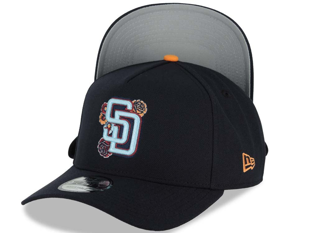San Diego Padres New Era MLB 9FORTY 940 Adjustable A-Frame Cap Hat Navy Blue Crown/Visor Light Sky Blue/Pink Logo (2026 City Connect Batting Practice)