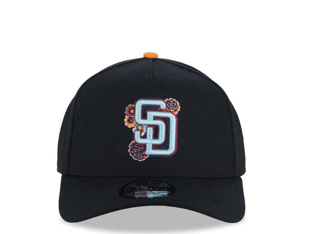 San Diego Padres New Era MLB 9FORTY 940 Adjustable A-Frame Cap Hat Navy Blue Crown/Visor Light Sky Blue/Pink Logo (2026 City Connect Batting Practice)