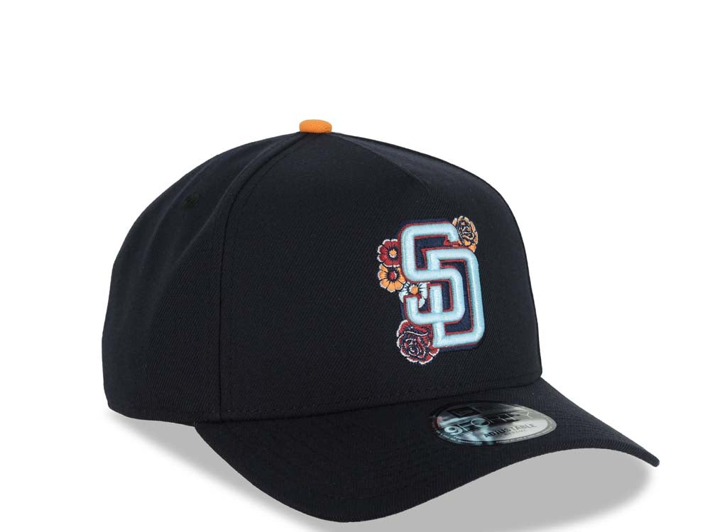 San Diego Padres New Era MLB 9FORTY 940 Adjustable A-Frame Cap Hat Navy Blue Crown/Visor Light Sky Blue/Pink Logo (2026 City Connect Batting Practice)