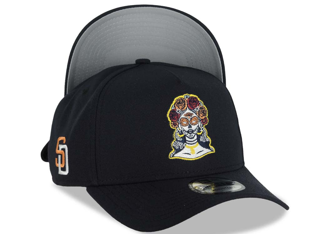 San Diego Padres New Era MLB 9FORTY 940 Adjustable A-Frame Cap Hat Navy Blue Crown/Visor With La Catrina City Connect Logo SD logo Side Patch Gray UV