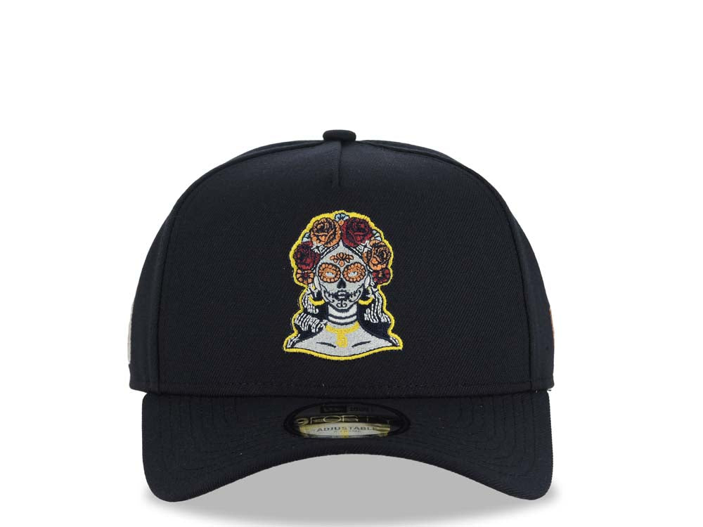 San Diego Padres New Era MLB 9FORTY 940 Adjustable A-Frame Cap Hat Navy Blue Crown/Visor With La Catrina City Connect Logo SD logo Side Patch Gray UV